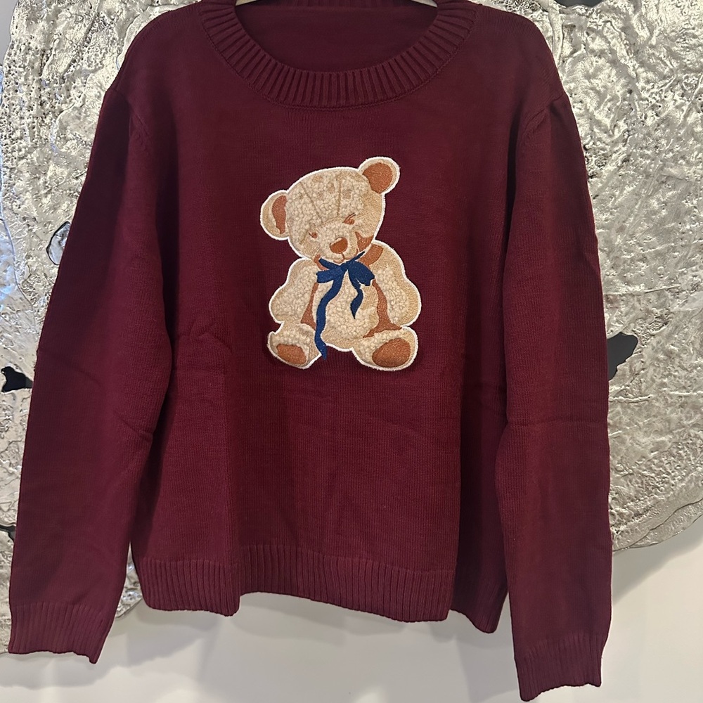 New Women's Burgundy Adorable Graphic Teddy Bear Knit Sweater Soft & Cozy XXL - Picture 9 of 10
